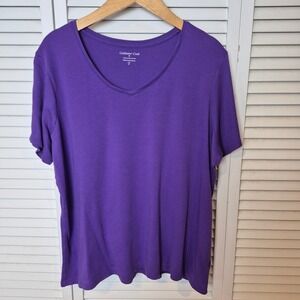 Coldwater Creek V-Neck Top Purple Short Sleeve Casual Comfy Tee 1X 100%‎ Supima